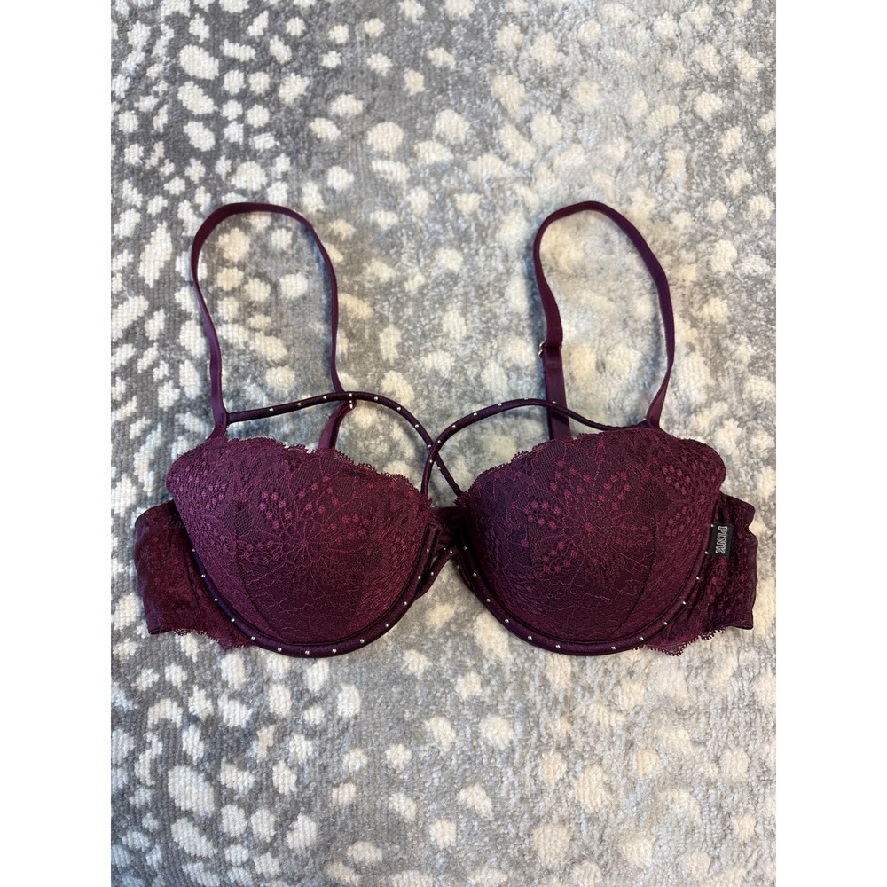Victoria's Secret PINK Date Push-Up Bra 36B Burgundy Lace Rhinestone Crossover